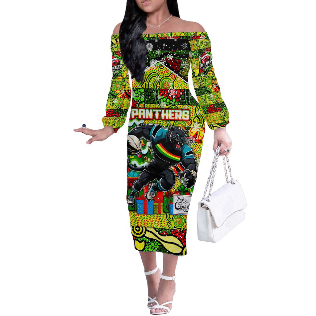 Custom Panthers Rugby Merry Christmas Off The Shoulder Long Sleeve Dress Indigenous Australian Art