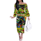 Custom Panthers Rugby Merry Christmas Off The Shoulder Long Sleeve Dress Indigenous Australian Art