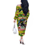 Custom Panthers Rugby Merry Christmas Off The Shoulder Long Sleeve Dress Indigenous Australian Art