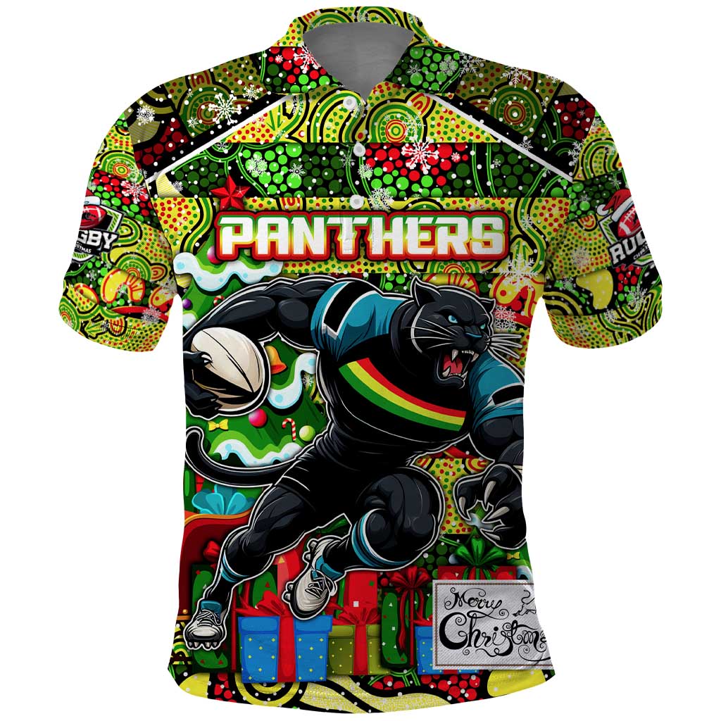 Custom Panthers Rugby Merry Christmas Polo Shirt Indigenous Australian Art