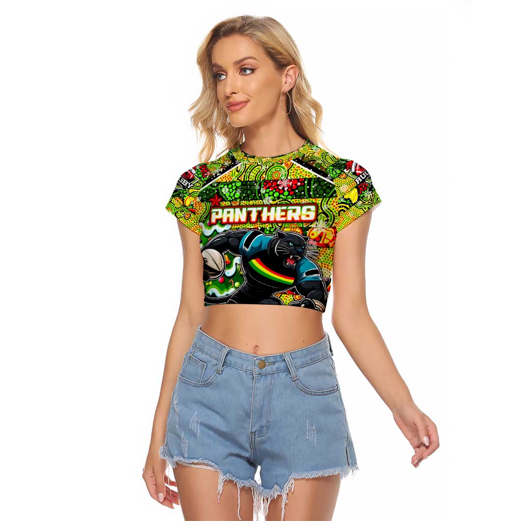 Custom Panthers Rugby Merry Christmas Raglan Cropped T Shirt Indigenous Australian Art