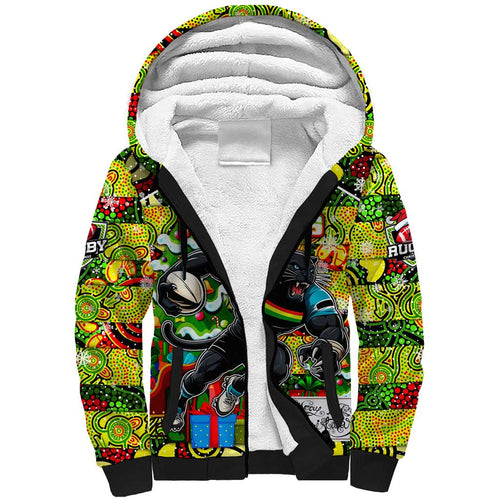 Custom Panthers Rugby Merry Christmas Sherpa Hoodie Indigenous Australian Art