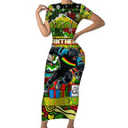 Custom Panthers Rugby Merry Christmas Short Sleeve Bodycon Dress Indigenous Australian Art