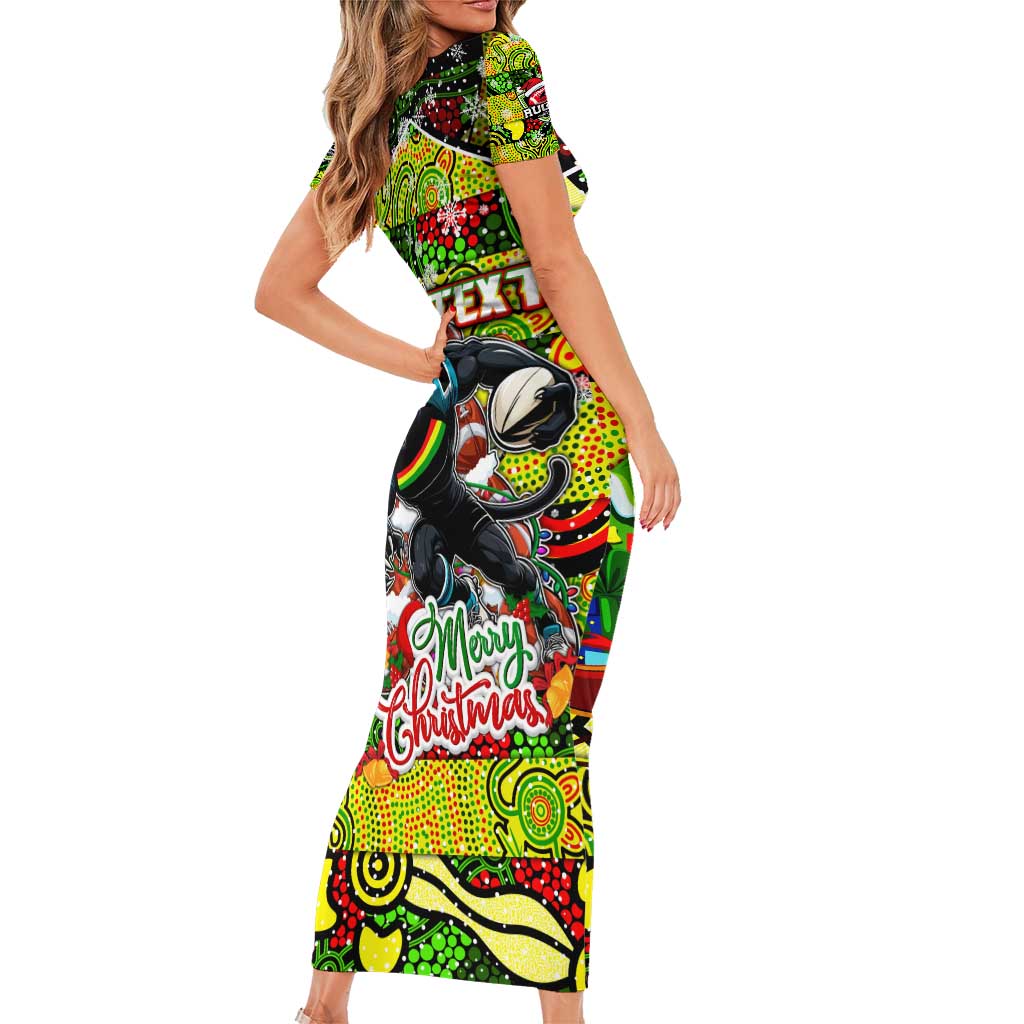 Custom Panthers Rugby Merry Christmas Short Sleeve Bodycon Dress Indigenous Australian Art