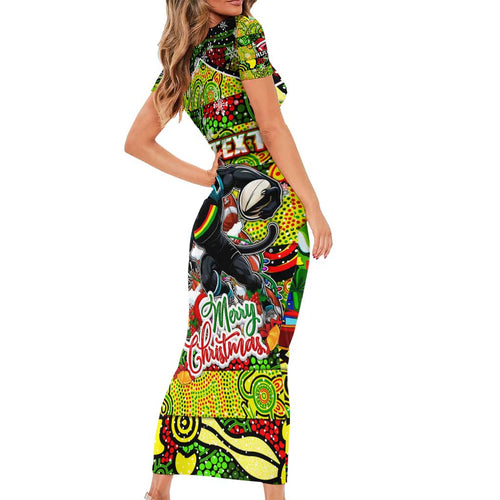 Custom Panthers Rugby Merry Christmas Short Sleeve Bodycon Dress Indigenous Australian Art