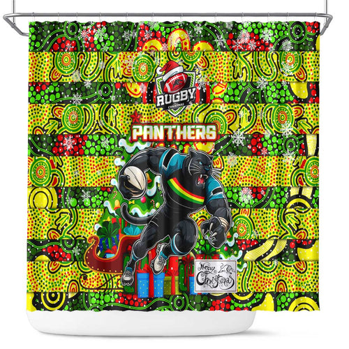 Panthers Rugby Merry Christmas Shower Curtain Indigenous Australian Art