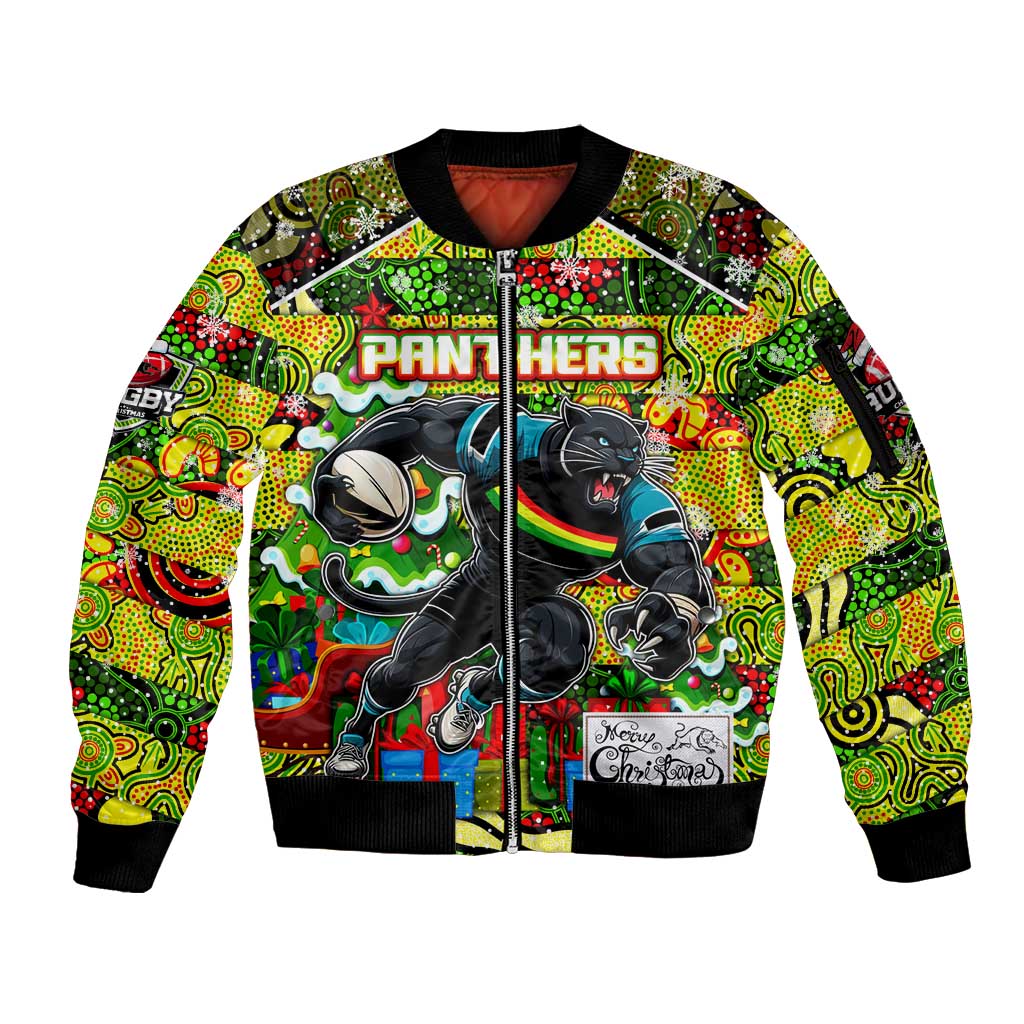 Custom Panthers Rugby Merry Christmas Sleeve Zip Bomber Jacket Indigenous Australian Art