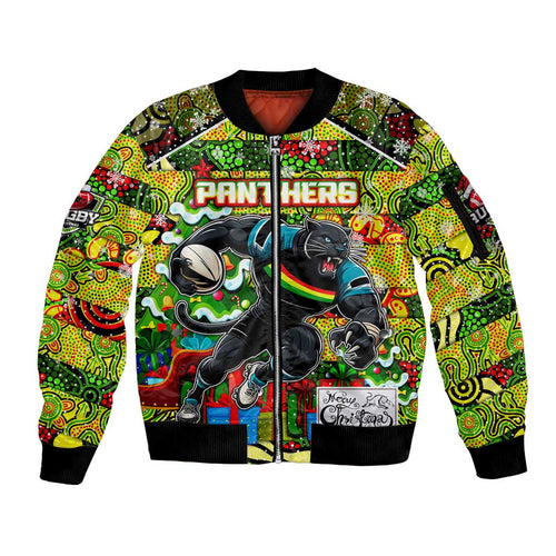 Custom Panthers Rugby Merry Christmas Sleeve Zip Bomber Jacket Indigenous Australian Art