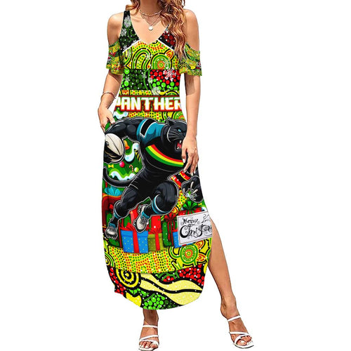 Custom Panthers Rugby Merry Christmas Summer Maxi Dress Indigenous Australian Art