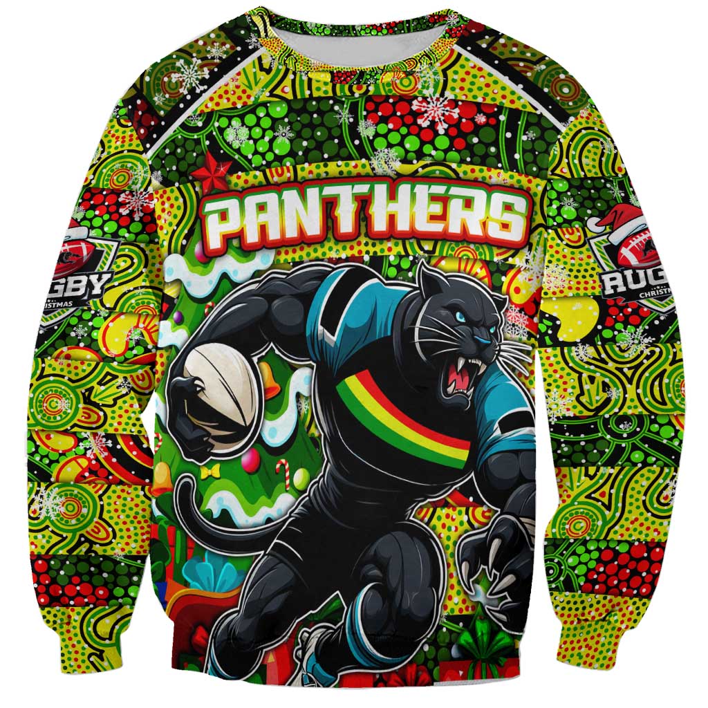 Custom Panthers Rugby Merry Christmas Sweatshirt Indigenous Australian Art