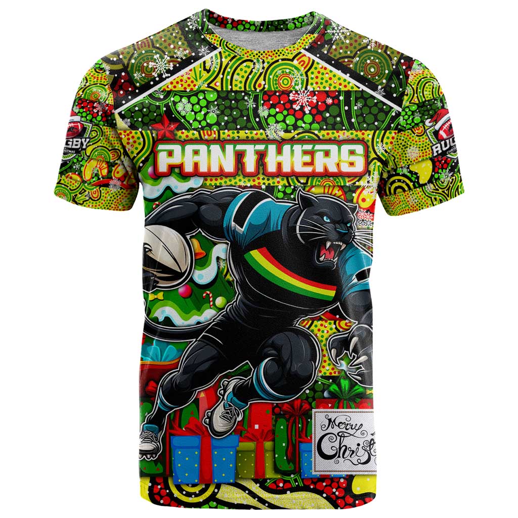 Custom Panthers Rugby Merry Christmas T Shirt Indigenous Australian Art