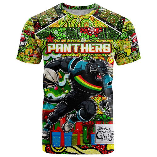 Custom Panthers Rugby Merry Christmas T Shirt Indigenous Australian Art