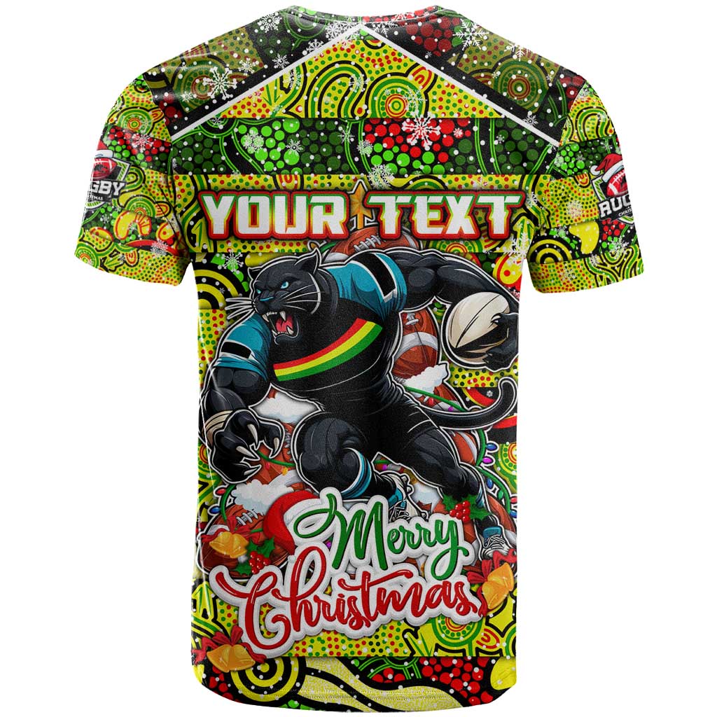 Custom Panthers Rugby Merry Christmas T Shirt Indigenous Australian Art
