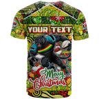 Custom Panthers Rugby Merry Christmas T Shirt Indigenous Australian Art