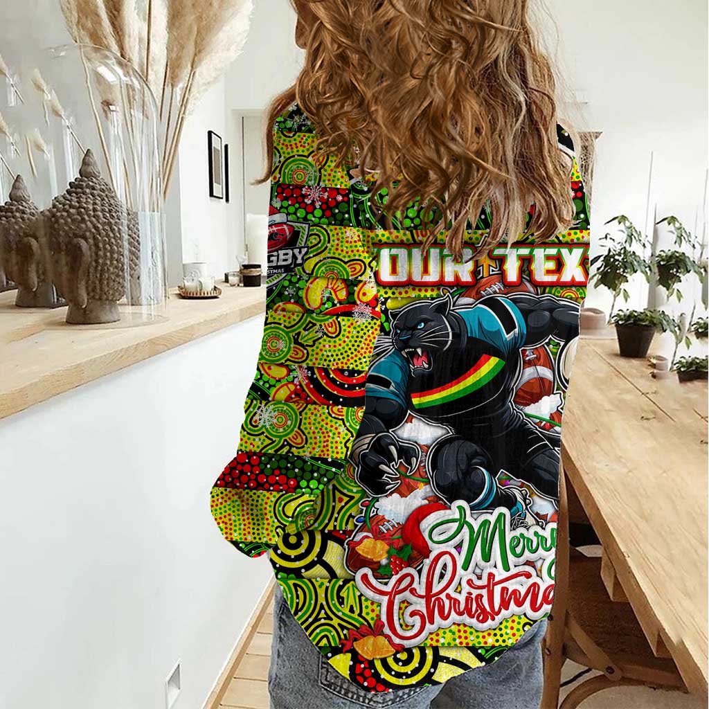 Custom Panthers Rugby Merry Christmas Women Casual Shirt Indigenous Australian Art