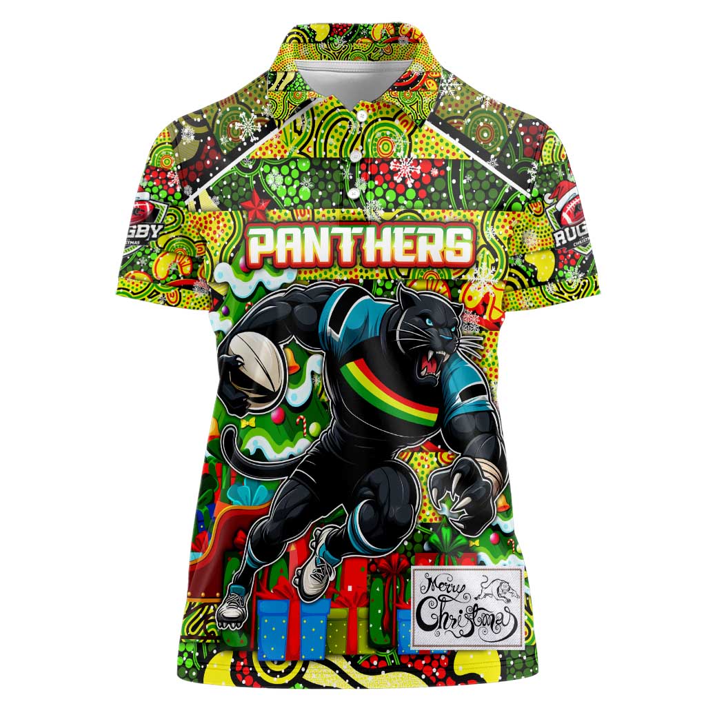 Custom Panthers Rugby Merry Christmas Women Polo Shirt Indigenous Australian Art