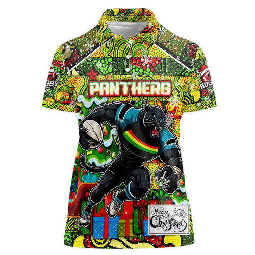 Custom Panthers Rugby Merry Christmas Women Polo Shirt Indigenous Australian Art