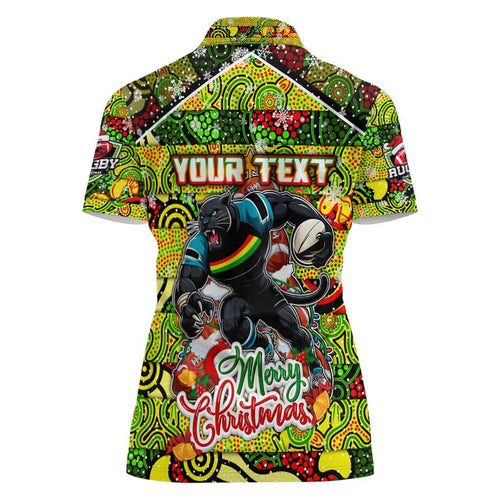 Custom Panthers Rugby Merry Christmas Women Polo Shirt Indigenous Australian Art
