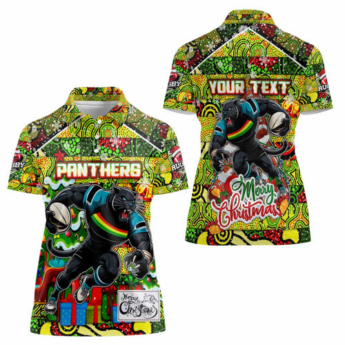 Custom Panthers Rugby Merry Christmas Women Polo Shirt Indigenous Australian Art