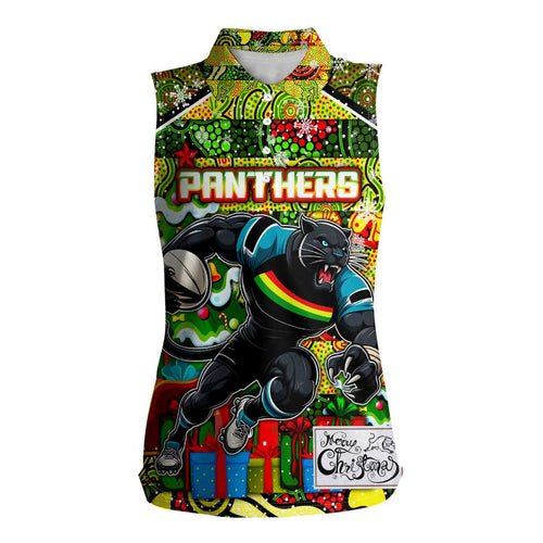 Custom Panthers Rugby Merry Christmas Women Sleeveless Polo Shirt Indigenous Australian Art