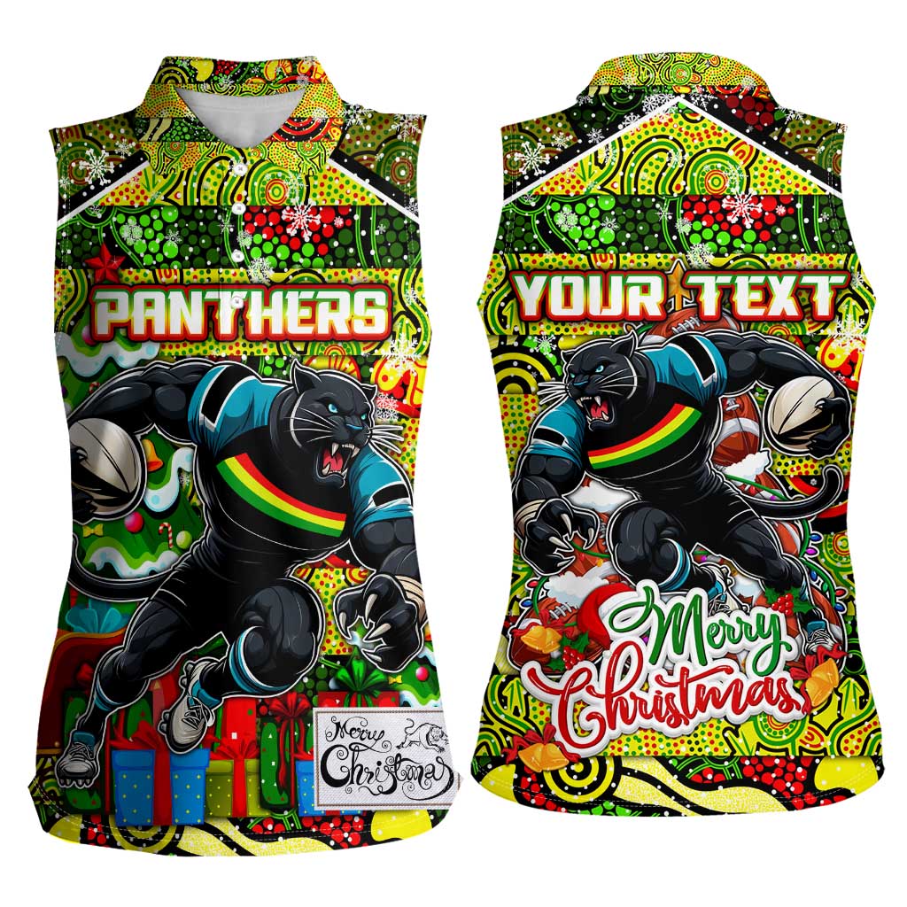 Custom Panthers Rugby Merry Christmas Women Sleeveless Polo Shirt Indigenous Australian Art