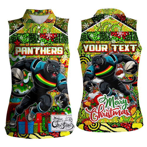 Custom Panthers Rugby Merry Christmas Women Sleeveless Polo Shirt Indigenous Australian Art
