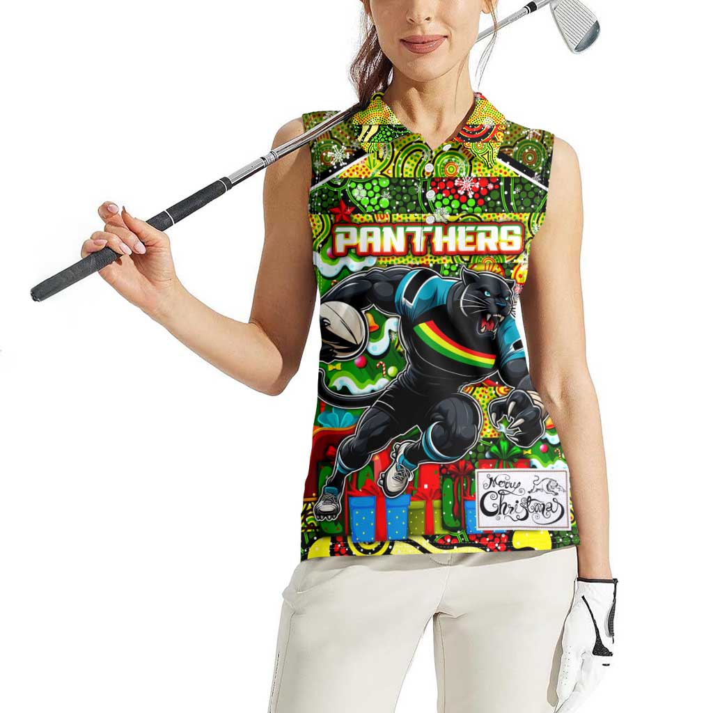 Custom Panthers Rugby Merry Christmas Women Sleeveless Polo Shirt Indigenous Australian Art