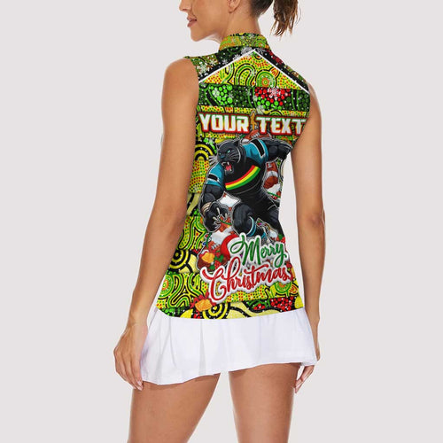 Custom Panthers Rugby Merry Christmas Women Sleeveless Polo Shirt Indigenous Australian Art