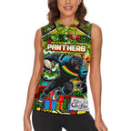 Custom Panthers Rugby Merry Christmas Women Sleeveless Polo Shirt Indigenous Australian Art