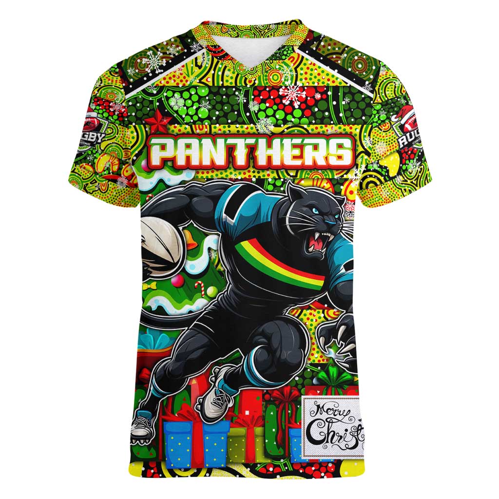 Custom Panthers Rugby Merry Christmas Women V-Neck T-Shirt Indigenous Australian Art