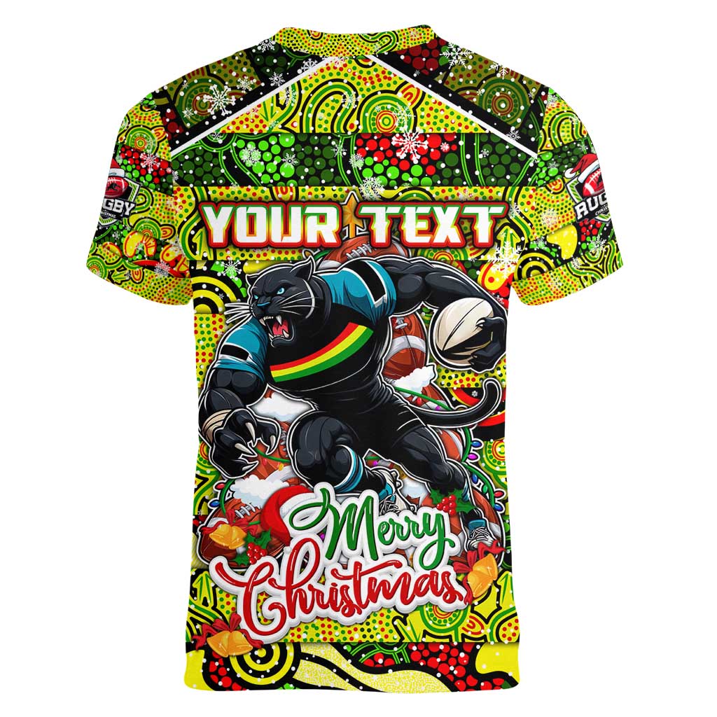 Custom Panthers Rugby Merry Christmas Women V-Neck T-Shirt Indigenous Australian Art