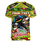 Custom Panthers Rugby Merry Christmas Women V-Neck T-Shirt Indigenous Australian Art