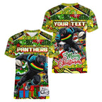 Custom Panthers Rugby Merry Christmas Women V-Neck T-Shirt Indigenous Australian Art