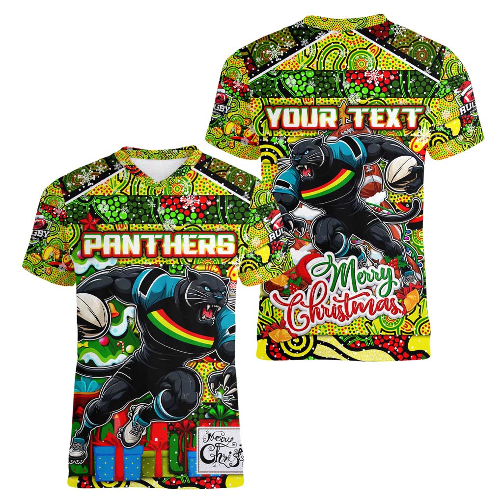 Custom Panthers Rugby Merry Christmas Women V-Neck T-Shirt Indigenous Australian Art