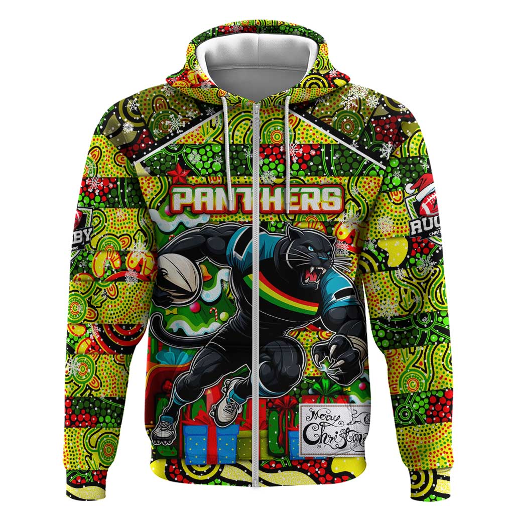 Custom Panthers Rugby Merry Christmas Zip Hoodie Indigenous Australian Art