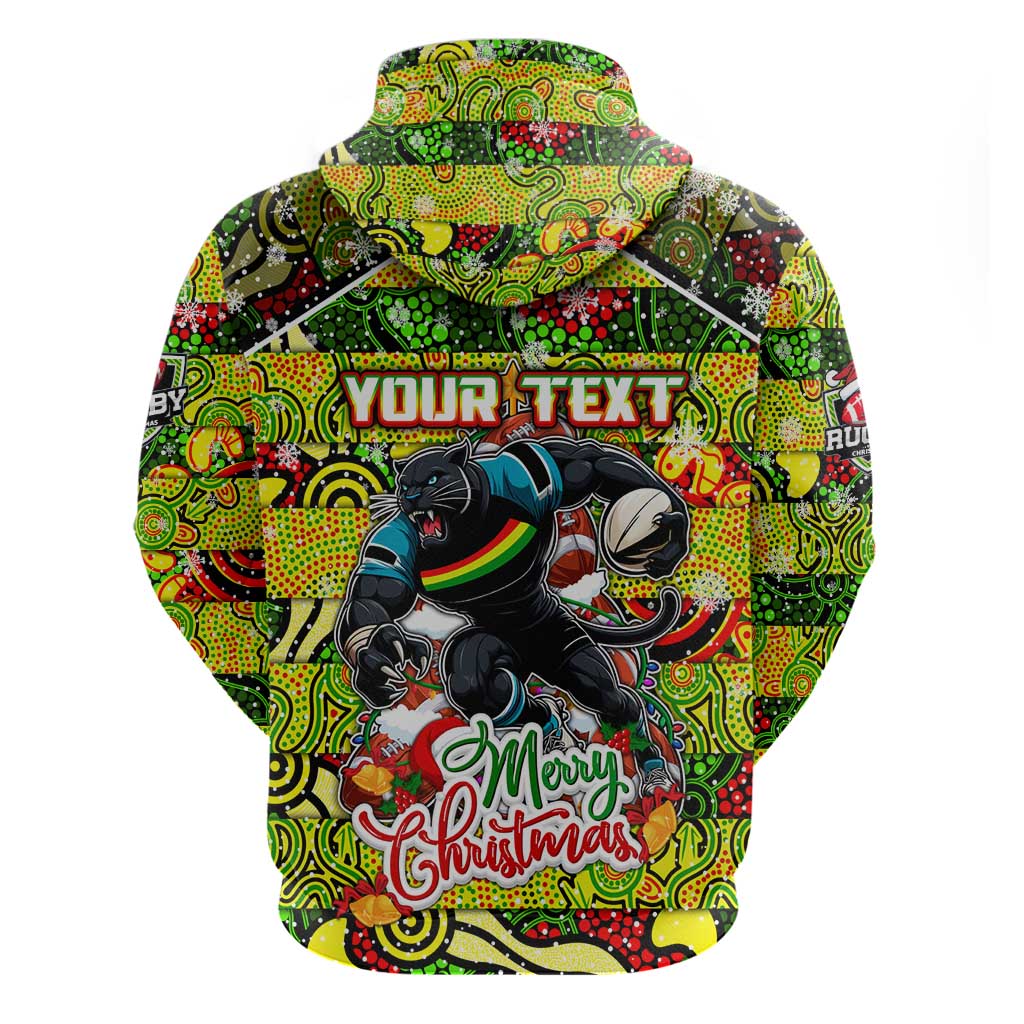 Custom Panthers Rugby Merry Christmas Zip Hoodie Indigenous Australian Art