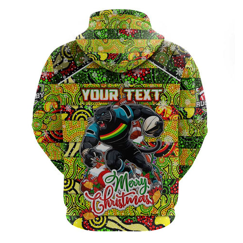 Custom Panthers Rugby Merry Christmas Zip Hoodie Indigenous Australian Art