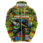 Custom Panthers Rugby Merry Christmas Zip Hoodie Indigenous Australian Art