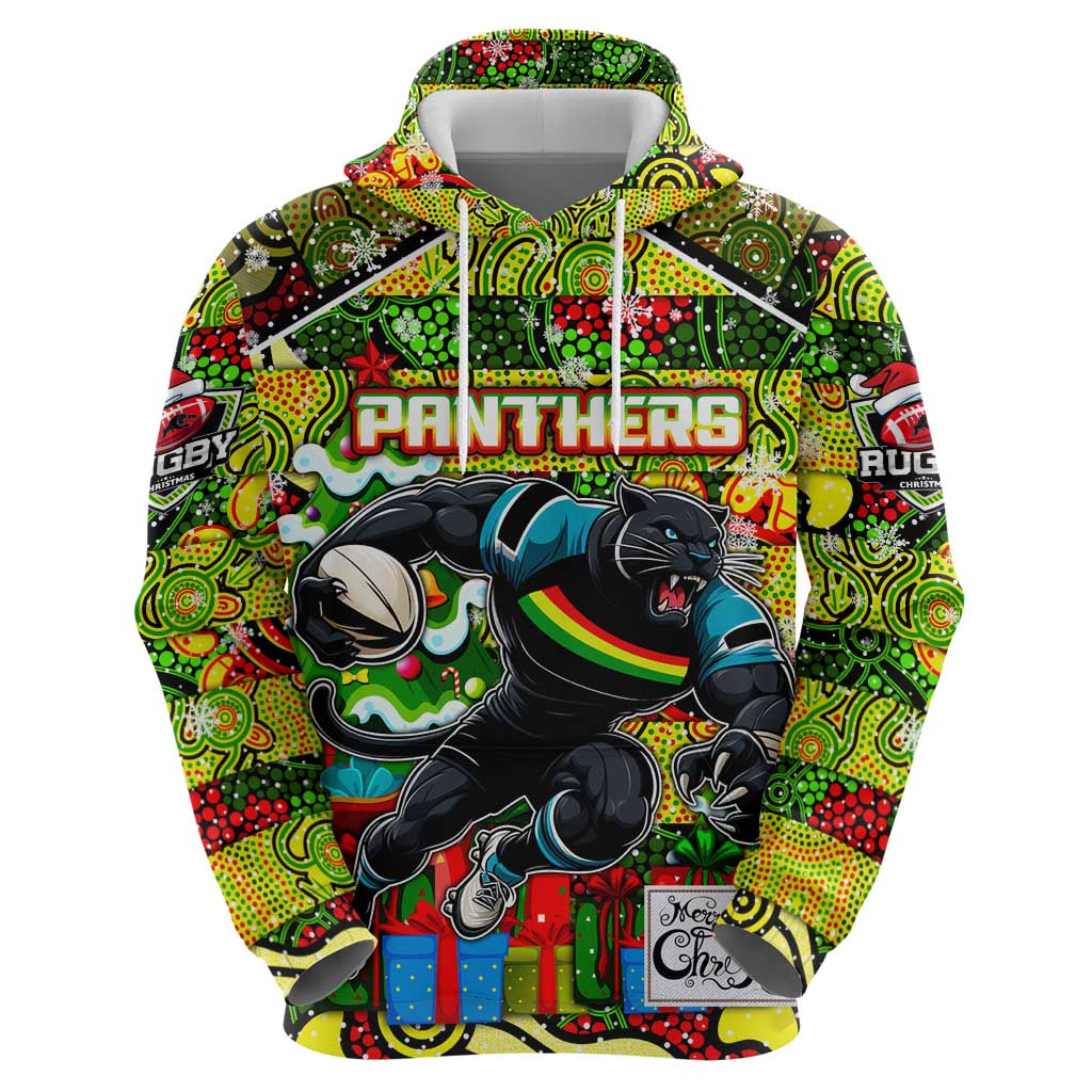 Custom Panthers Rugby Merry Christmas Zip Hoodie Indigenous Australian Art
