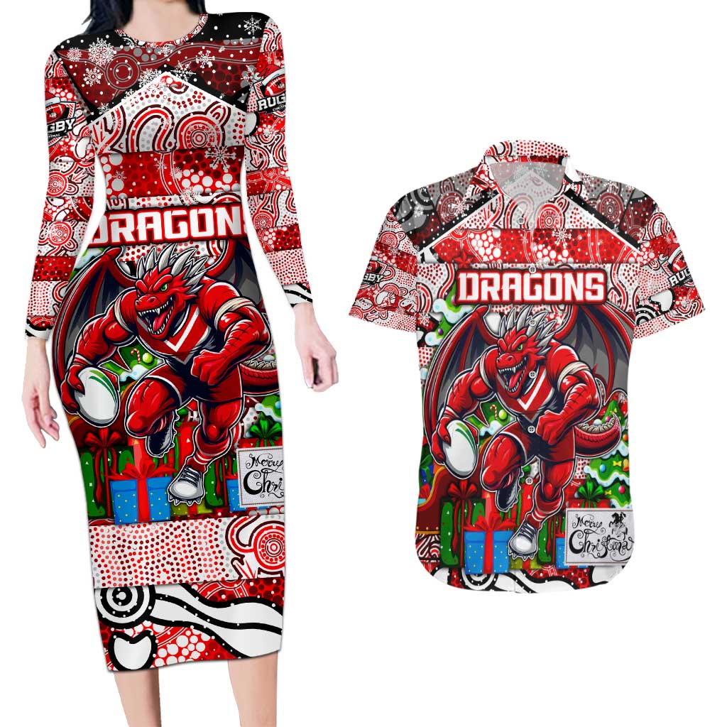 Custom Dragons Rugby Merry Christmas Couples Matching Long Sleeve Bodycon Dress and Hawaiian Shirt Indigenous Australian Art