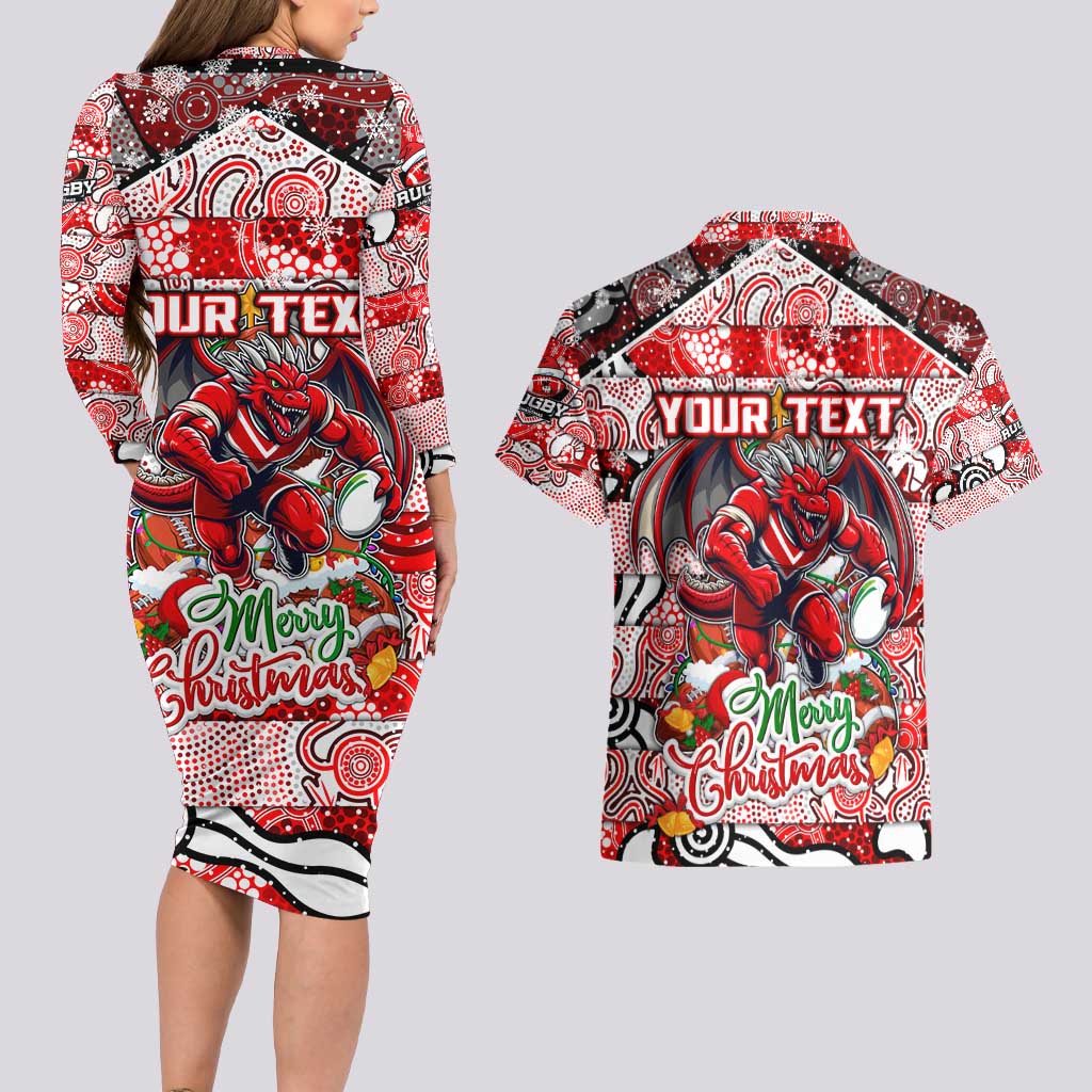 Custom Dragons Rugby Merry Christmas Couples Matching Long Sleeve Bodycon Dress and Hawaiian Shirt Indigenous Australian Art