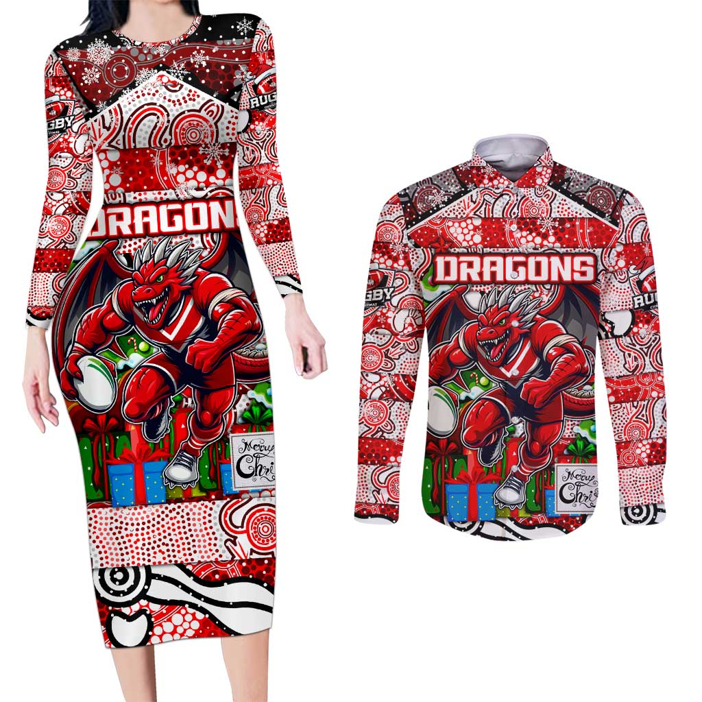 Custom Dragons Rugby Merry Christmas Couples Matching Long Sleeve Bodycon Dress and Long Sleeve Button Shirt Indigenous Australian Art