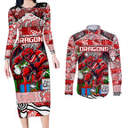 Custom Dragons Rugby Merry Christmas Couples Matching Long Sleeve Bodycon Dress and Long Sleeve Button Shirt Indigenous Australian Art