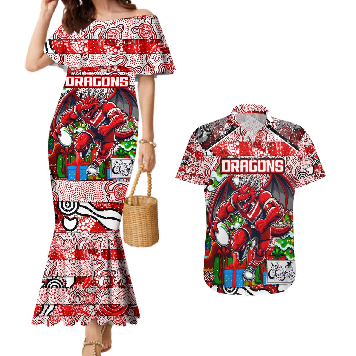 Custom Dragons Rugby Merry Christmas Couples Matching Mermaid Dress and Hawaiian Shirt Indigenous Australian Art