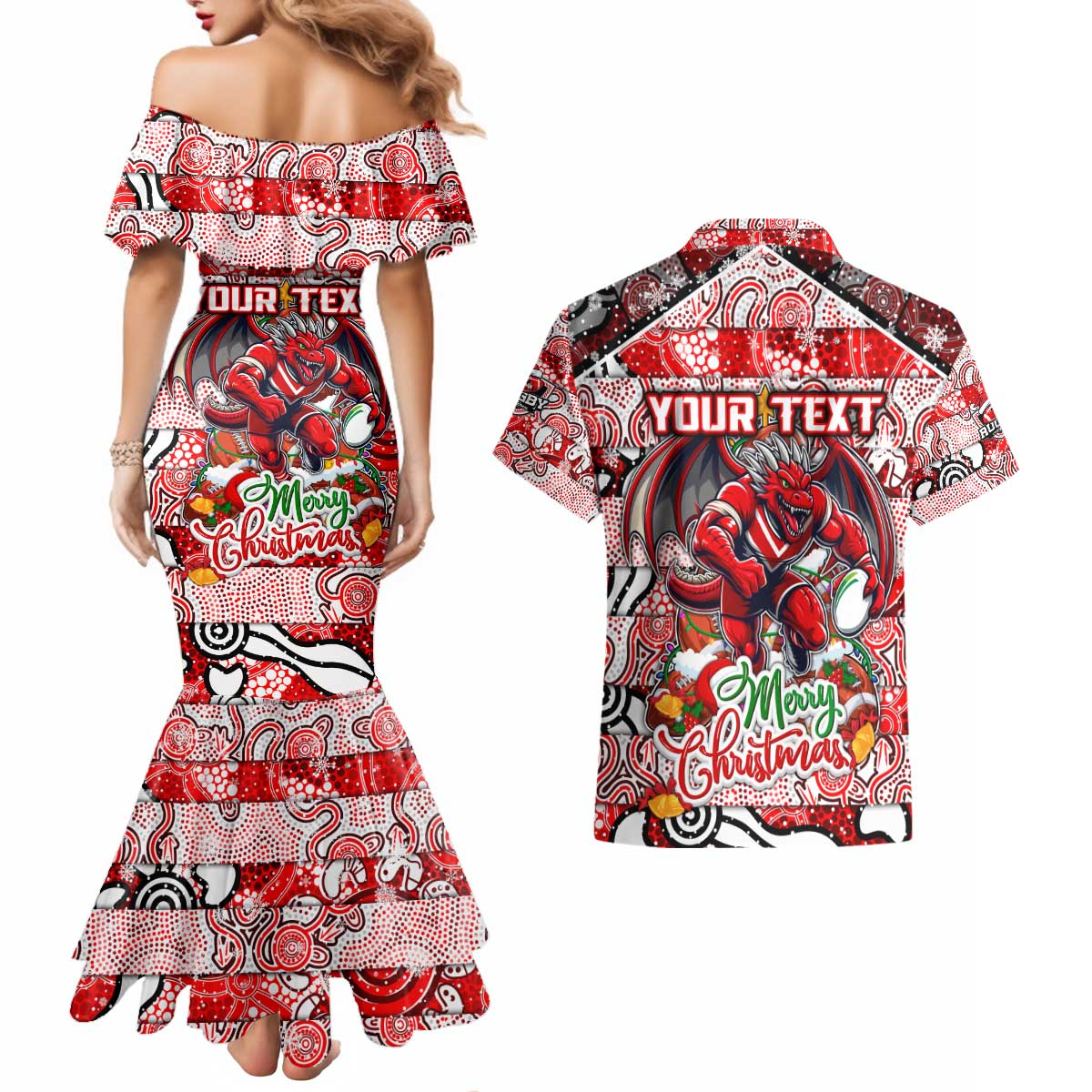 Custom Dragons Rugby Merry Christmas Couples Matching Mermaid Dress and Hawaiian Shirt Indigenous Australian Art
