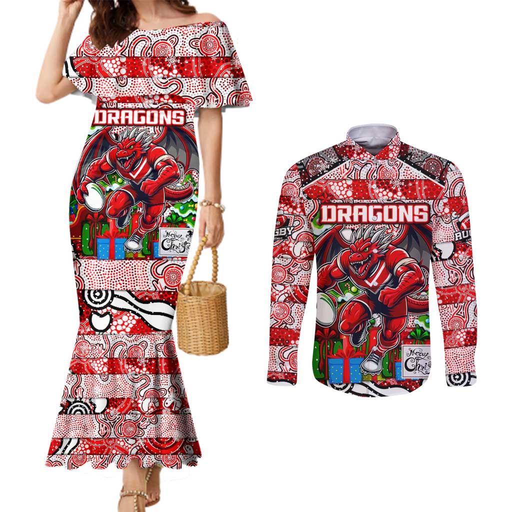 Custom Dragons Rugby Merry Christmas Couples Matching Mermaid Dress and Long Sleeve Button Shirt Indigenous Australian Art