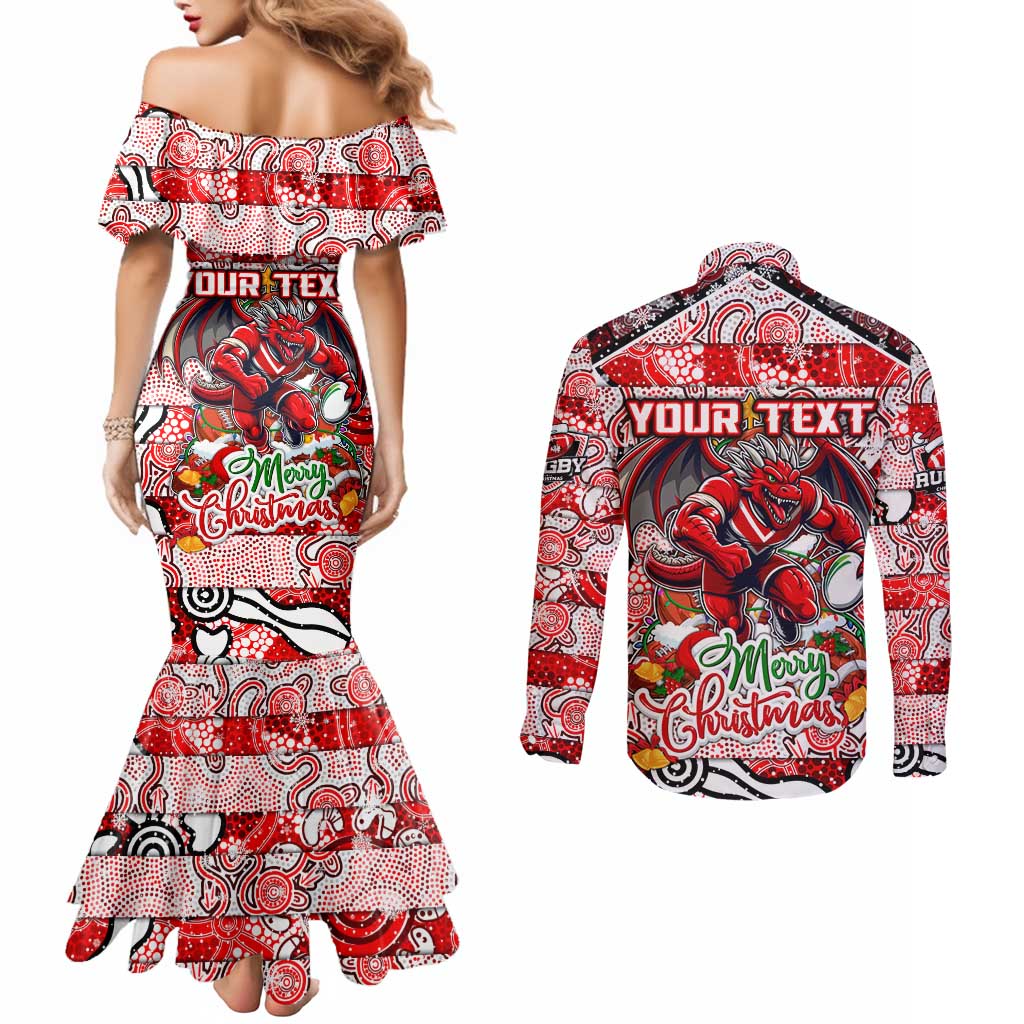 Custom Dragons Rugby Merry Christmas Couples Matching Mermaid Dress and Long Sleeve Button Shirt Indigenous Australian Art