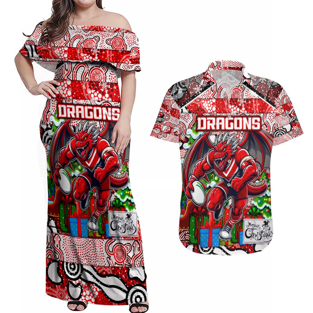 Custom Dragons Rugby Merry Christmas Couples Matching Off Shoulder Maxi Dress and Hawaiian Shirt Indigenous Australian Art