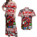 Custom Dragons Rugby Merry Christmas Couples Matching Off Shoulder Maxi Dress and Hawaiian Shirt Indigenous Australian Art