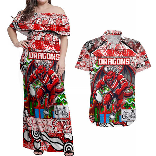 Custom Dragons Rugby Merry Christmas Couples Matching Off Shoulder Maxi Dress and Hawaiian Shirt Indigenous Australian Art